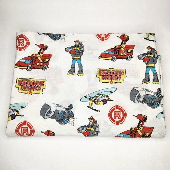Vintage Rescue Heroes Twin Flat Sheet 90s Kids Bedding Fabric - Picture 1 of 3